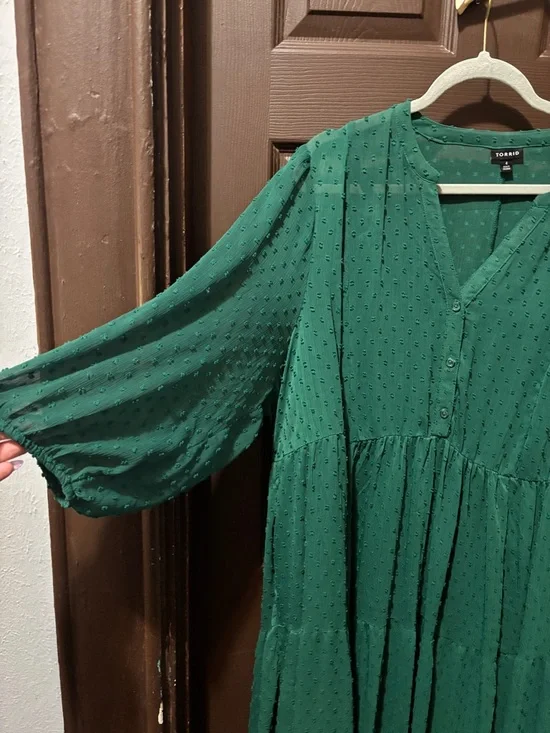 torrid Forest Green Textured Tiered Maxi Chiffon Swiss Dot Dress - Picture 2 of 12